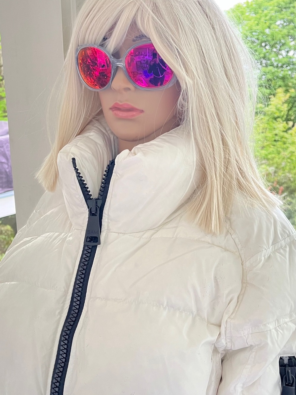 SAM. White Quilted Puffer Jacket with Black Trim